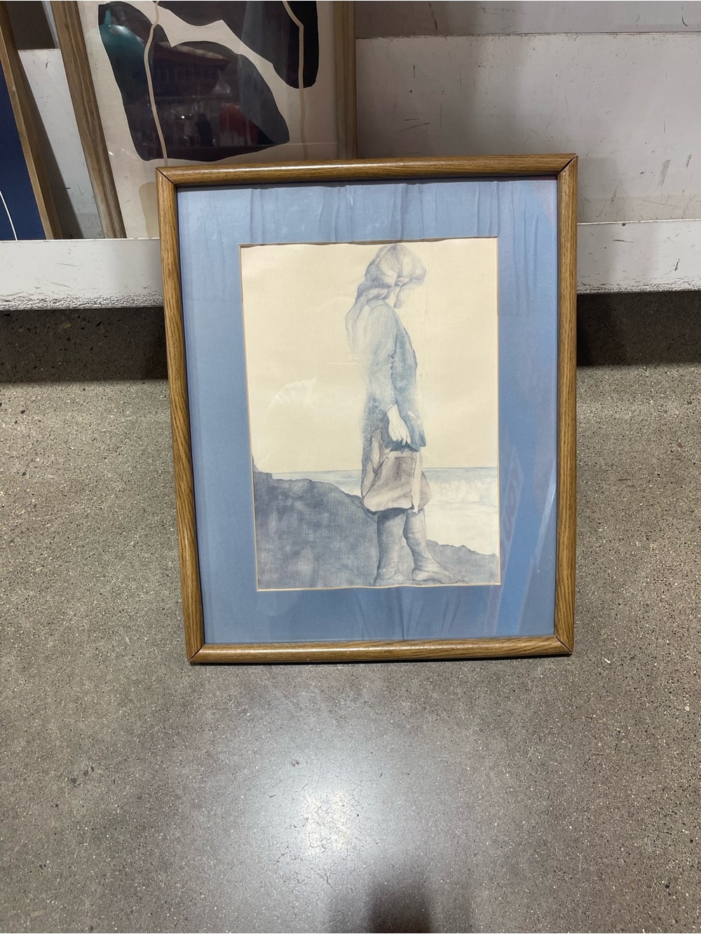 Framed Blue Mat Seaside Girl Pencil Art Print